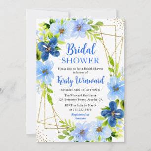 Navy & Baby Blue Flowers Gold Frame Bridal Shower Invitation