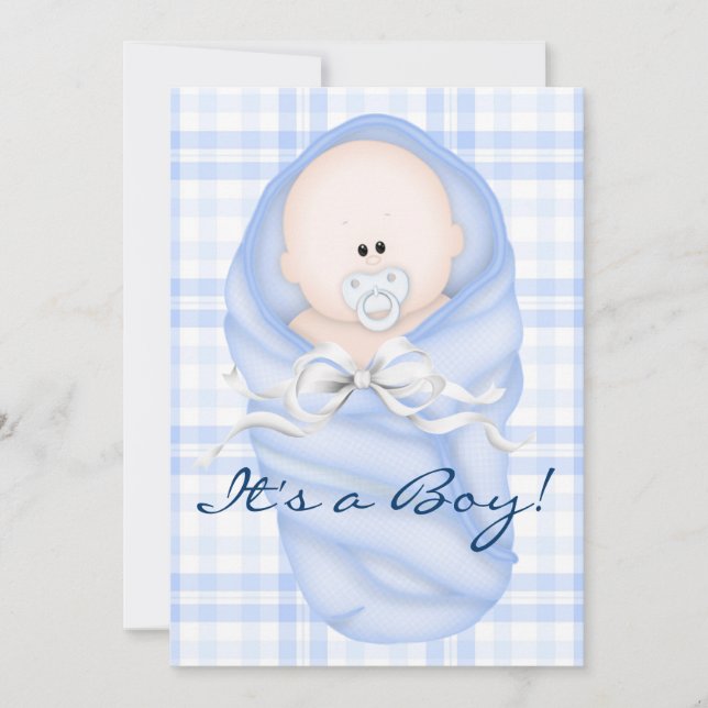 Navy Baby Blue Gingham Baby Boy Shower Invitations (Front)