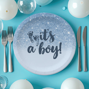Navy Baby Blue Glitter Ombre It's A Boy Paper Plate