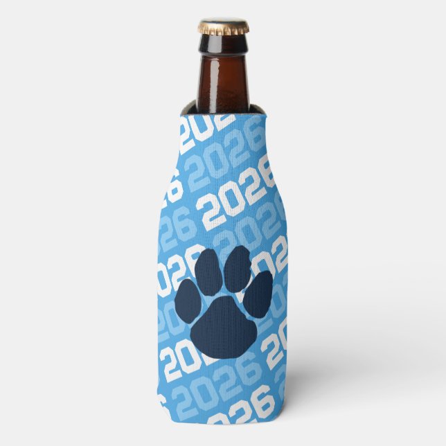 Navy & Baby Blue Paw Class Year Graduation Bottle Bottle Cooler (Bottle Front)