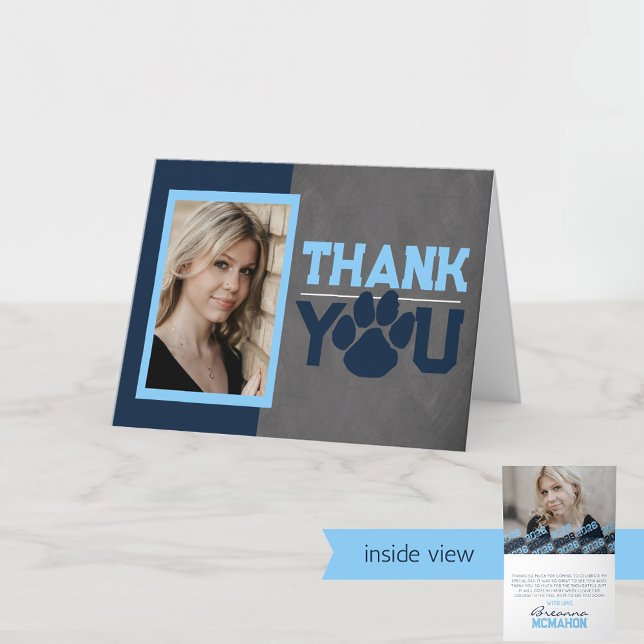 Navy & Baby Blue Paw Graduation Folding Photo Thank You Card (Baby Blue & Navy Chalkboard 2 Photo Pawprint Folding Thank You Cards)