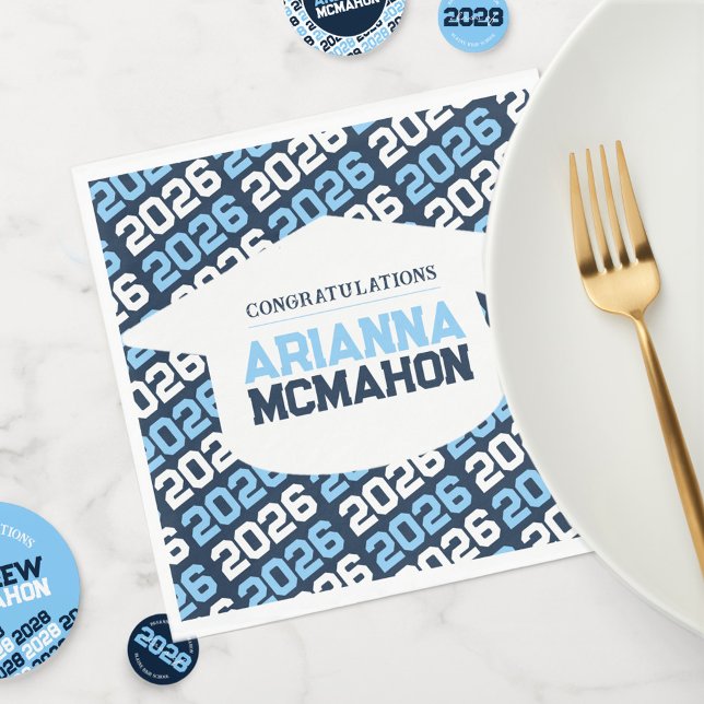 Navy & Baby Blue Personalised Graduation Cap Paper Napkin (Repeating Class Year + White Graduation Cap Personalized Paper Napkins)