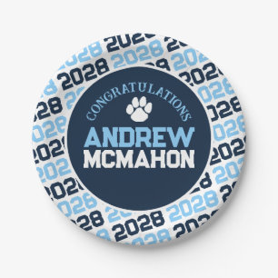 Navy, Baby Blue & White Graduation Paw Print Paper Plate