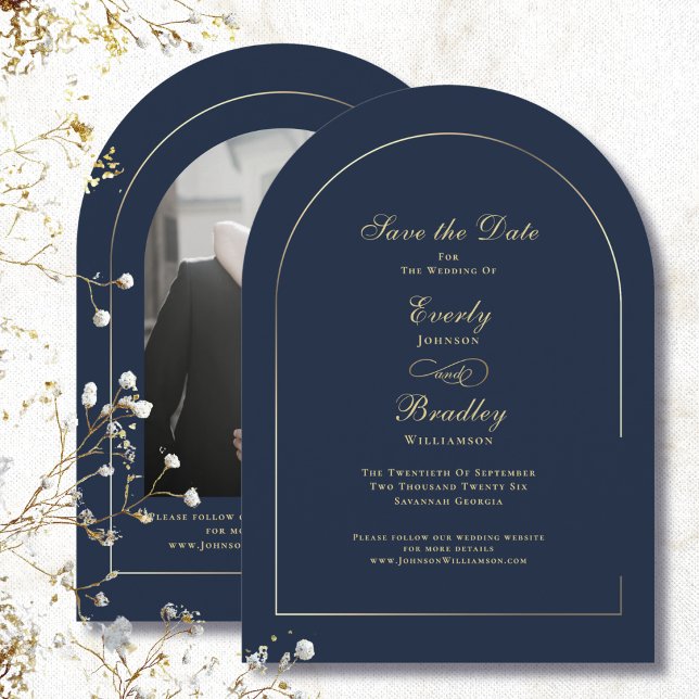 Navy Background Arch Gold Elegant Save the Date Invitation (Creator Uploaded)