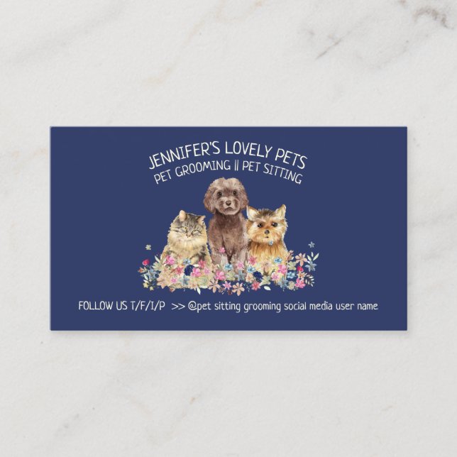 Navy Background Cute Dog Cat Pet Bird Illustration Business Card (Front)