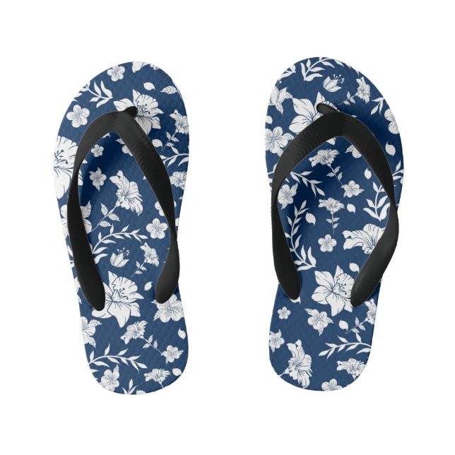 Navy Background White Floral Flip Flops (Footbed)