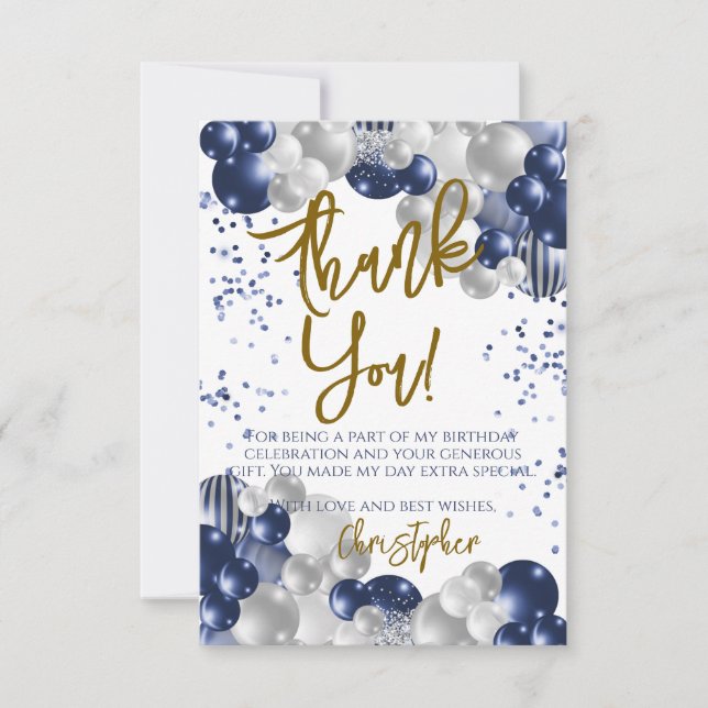 Navy Balloons Birthday Thank You Card (Front)