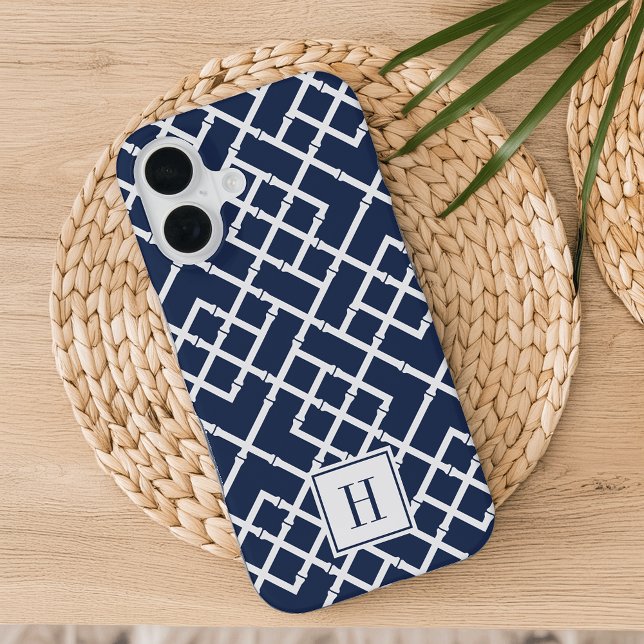 Navy Bamboo Lattice Pattern Monogram iPhone 16 Case (Creator Uploaded)