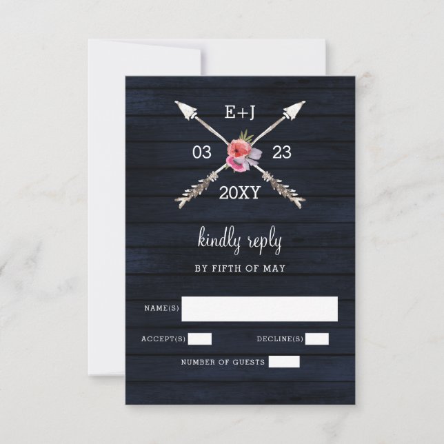 Navy Barn wood country chic wedding RSVP Card (Front)