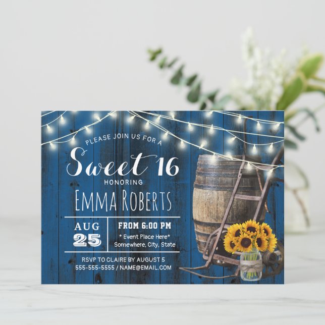 Navy Barn Wood Sunflower Jar Rustic Sweet 16 Invitation (Standing Front)