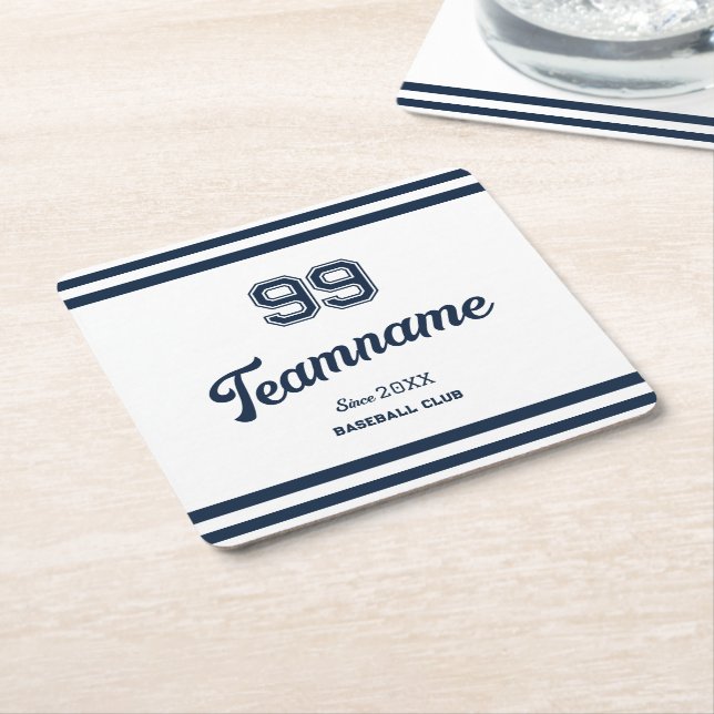 Navy Baseball Club Custom Player Number & TeamName Square Paper Coaster (Angled)