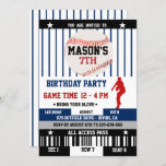 Navy Baseball Ticket Birthday Invitation<br><div class="desc">Baseball Birthday Party invitation in a trendy Ticket Style with a navy pinstripe pattern,  baseball and red pitcher silhouette detail.</div>