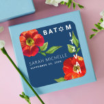 Navy Bat Mitzvah Floral Watercolor Modern Bold Square Sticker<br><div class="desc">Be proud, rejoice and celebrate this milestone of your favourite Bat Mitzvah! Use this sophisticated, chic, stunning, floral watercolor with modern san serif type against a dark navy blue background sticker to add to her special day. Personalise the custom text with her name and date of event. Guaranteed to add...</div>