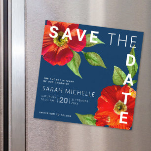 Navy Bat Mitzvah Save Date Red Floral Watercolor Magnetic Invitation