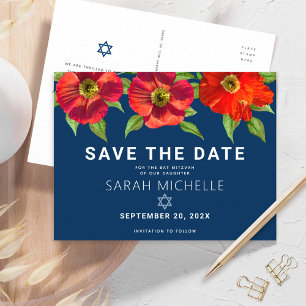Navy Bat Mitzvah Save the Date Floral Watercolor Invitation Postcard