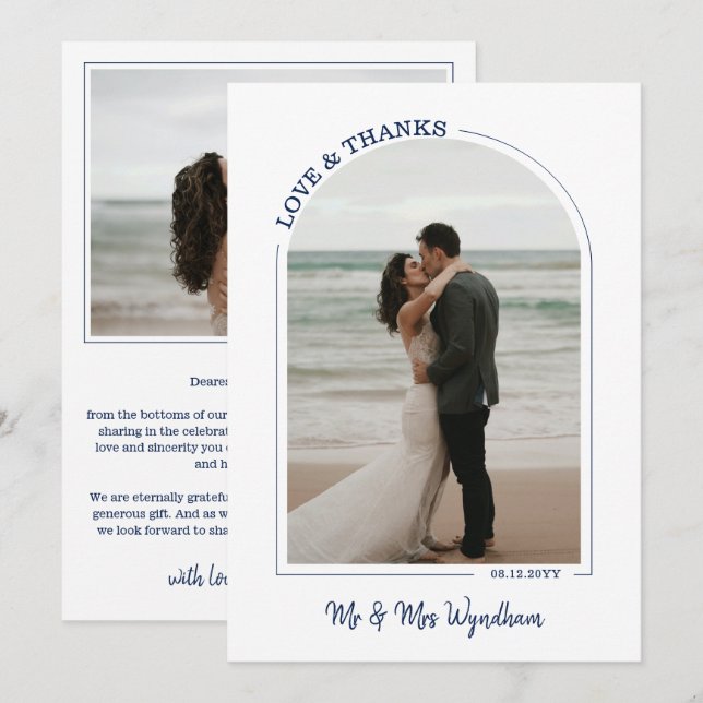 Navy Beautiful Arch Wedding Photo Love & Thanks Thank You Card (Front/Back)