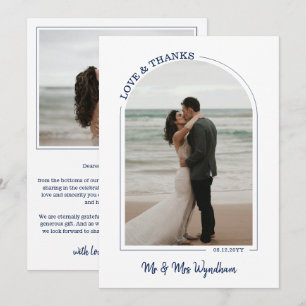 Navy Beautiful Arch Wedding Photo Love & Thanks Thank You Card