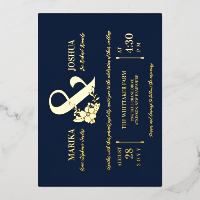 Navy Beautiful Floral Ampersand Typography Wedding (Front)