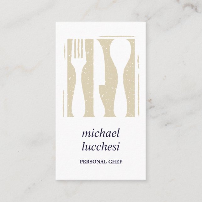 Navy Beige Cutlery | Chef Catering  Restaurant Business Card (Front)