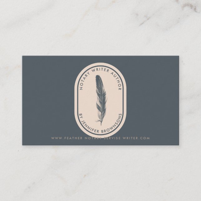 Navy Beige Feather Author Translate Mobile Notary Business Card (Front)