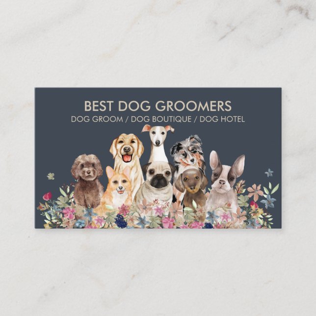 Navy Beige Floral PetSitter dogs Business Card (Front)