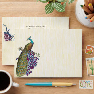 Navy & Berry Berry Elegant Damask Peacock Wedding Envelope