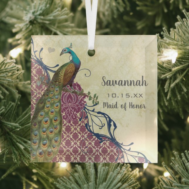 Navy & Berry Berry Elegant Damask Peacock Wedding Glass Tree Decoration (Insitu)