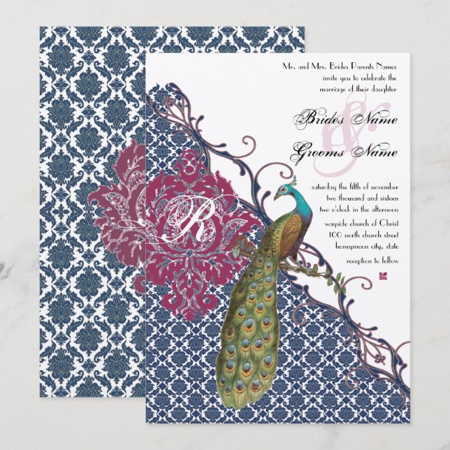 Navy & Berry Berry Elegant Damask Peacock Wedding Invitation (Front/Back)