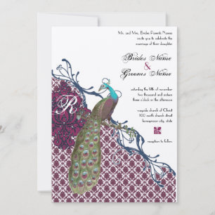 Navy & Berry Berry Elegant Damask Peacock Wedding Invitation