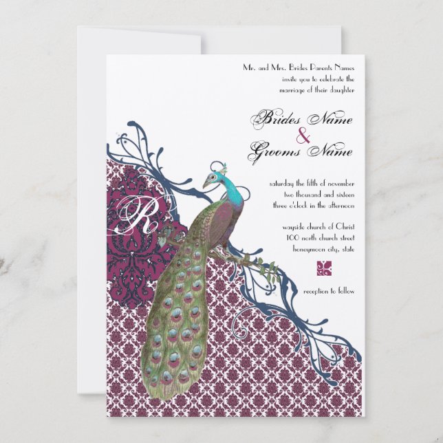 Navy & Berry Berry Elegant Damask Peacock Wedding Invitation (Front)