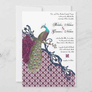 Navy & Berry Berry Elegant Damask Peacock Wedding Invitation