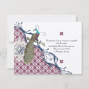 Navy & Berry Berry Elegant Damask Peacock Wedding Invitation
