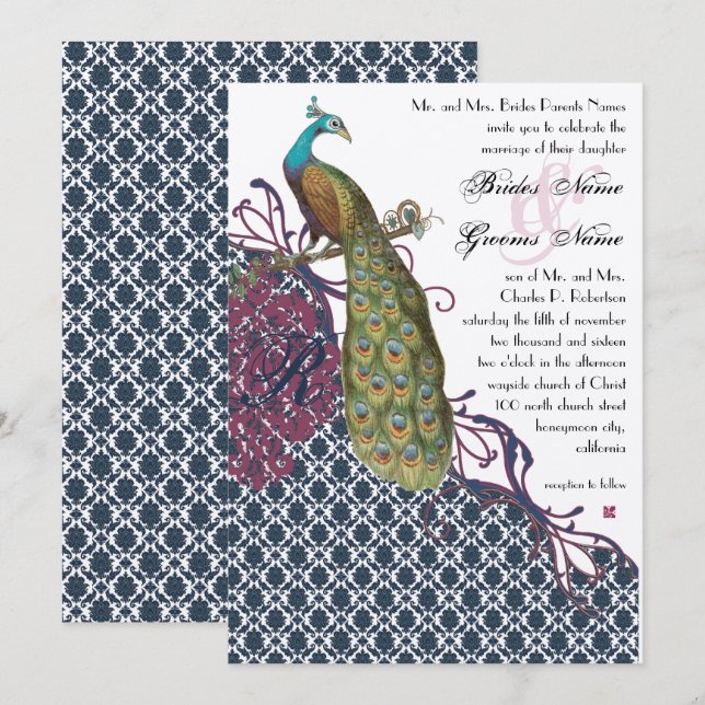 Navy & Berry Berry Elegant Damask Peacock Wedding Invitation (Front/Back)