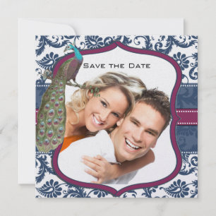 Navy & Berry Berry Elegant Damask Peacock Wedding Invitation