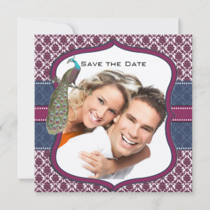 Navy & Berry Berry Elegant Damask Peacock Wedding Invitation