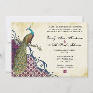 Navy & Berry Berry Elegant Damask Peacock Wedding Invitation
