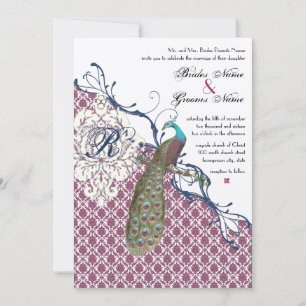 Navy & Berry Berry Elegant Damask Peacock Wedding Invitation