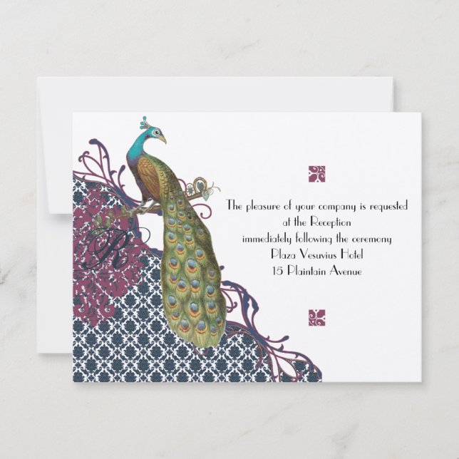 Navy & Berry Berry Elegant Damask Peacock Wedding Invitation (Front)