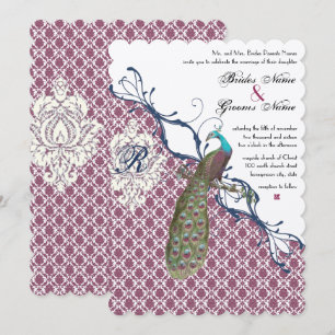 Navy & Berry Berry Elegant Damask Peacock Wedding Invitation