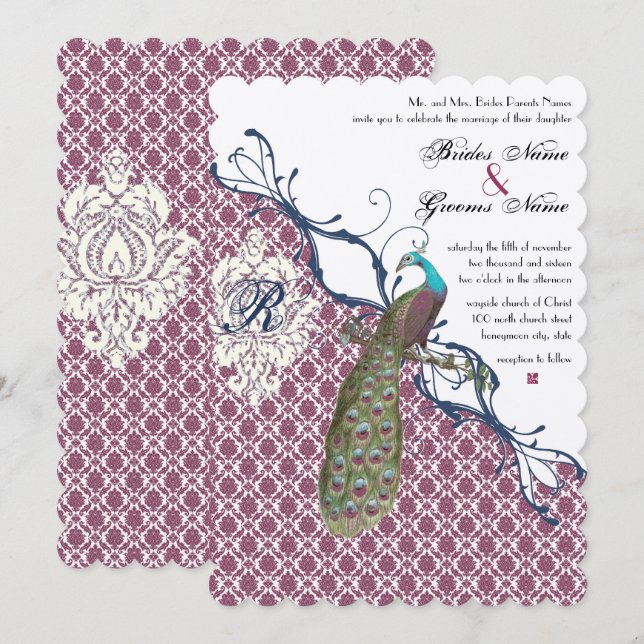 Navy & Berry Berry Elegant Damask Peacock Wedding Invitation (Front/Back)