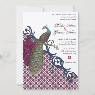 Navy & Berry Berry Elegant Damask Peacock Wedding Invitation