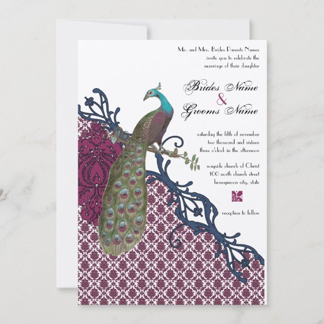Navy & Berry Berry Elegant Damask Peacock Wedding Invitation (Front)