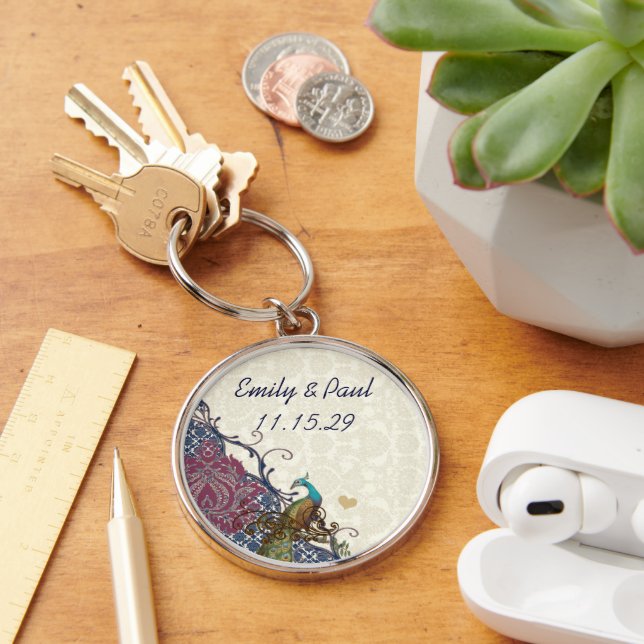Navy & Berry Berry Elegant Damask Peacock Wedding Key Ring (Desk)