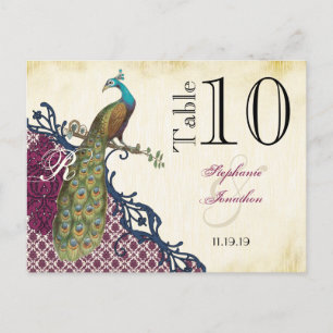 Navy & Berry Berry Elegant Damask Peacock Wedding Postcard