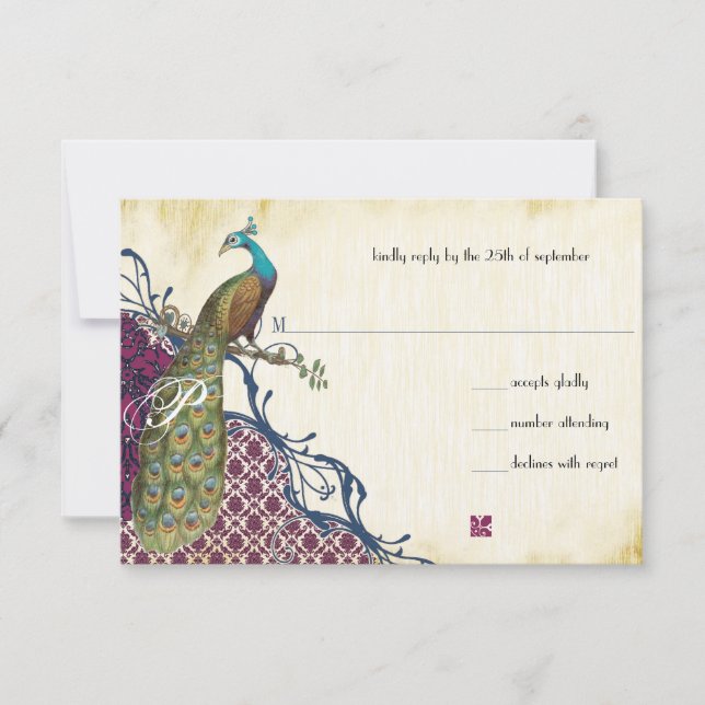 Navy & Berry Berry Elegant Damask Peacock Wedding RSVP Card (Front)