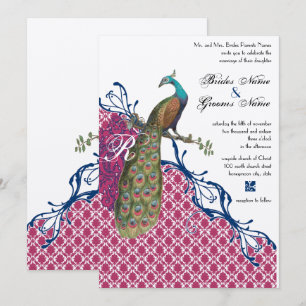 Navy & Berry Berry Monogram Damask Peacock Wedding Invitation