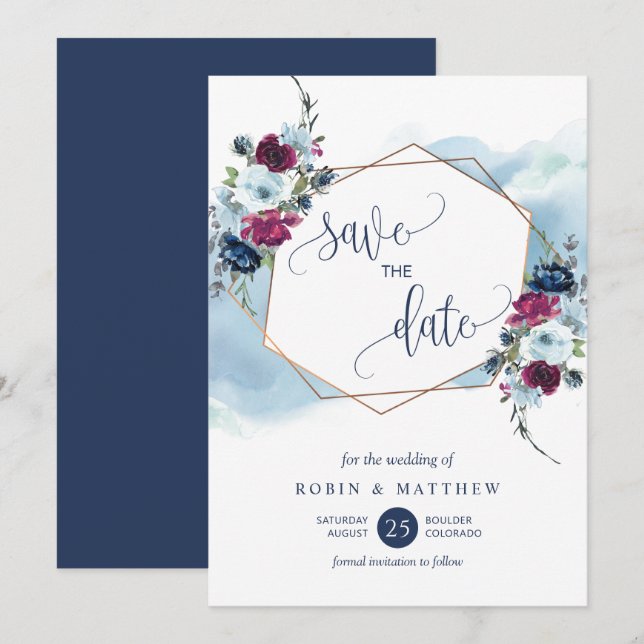 Navy, Berry, Burgundy and Blue Floral Wedding Save The Date (Front/Back)