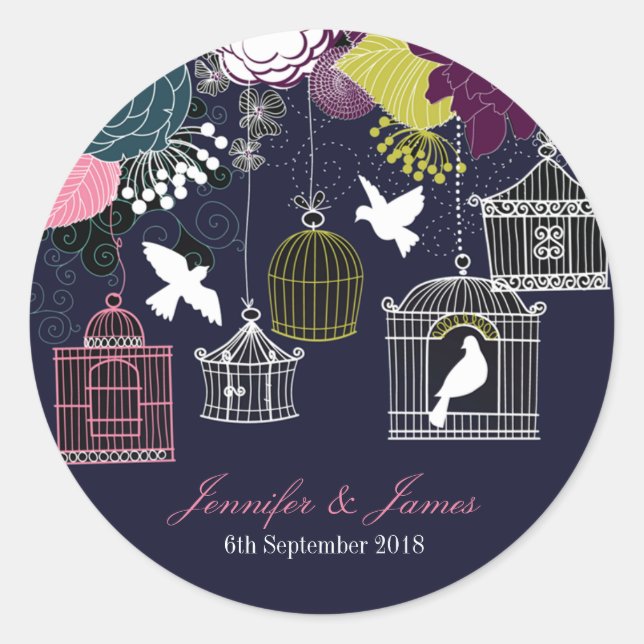 Navy birdcage bird cage doves wedding favour classic round sticker (Front)