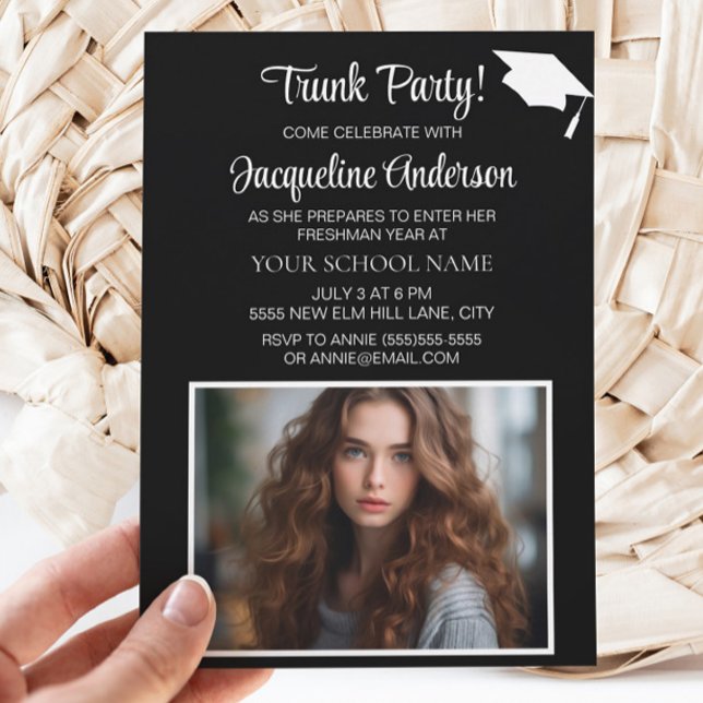 Navy Biue White Graduation Cap Trunk Party Photo Invitation (Black graduation trunk party photo invitation)
