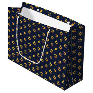 Navy Black And White Hanukkah Golden David Star Large Gift Bag